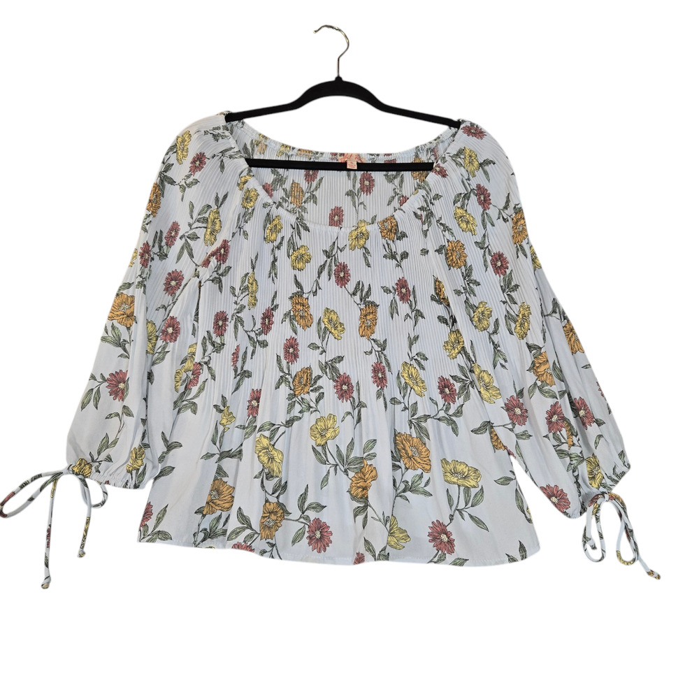 Rabbit Rose Womens Medium Blouse Floral‎ Pleats Tie Sleeves Flowy Boho Peasant